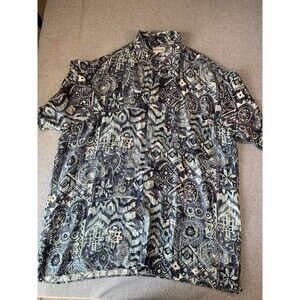 CEZAR Men’s XL 100% Silk Short Sleeve Blue/White Geometric Button-Up Shirt